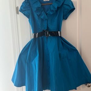 Teri Jon Blue Fit and Flare Dress with Puff Cap Sleeves